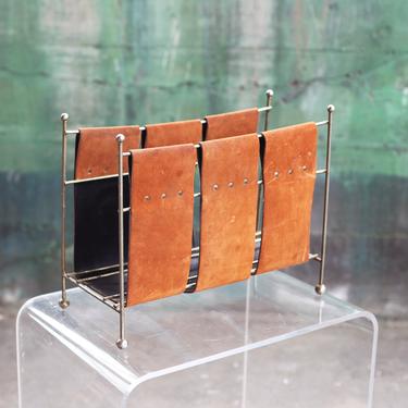 Mid Centory Modern 1970s Leather and Brass Arthur Umanoff Style MCM Stylish Magazine Holder 