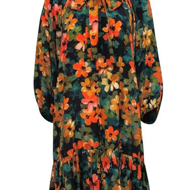 Tyler Boe - Multicolor Floral Printed Silk Shift Dress w/ Tie Neck Sz S
