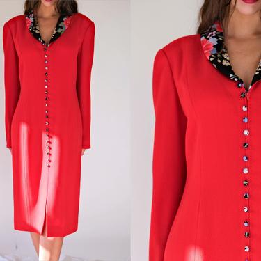 Vintage 80s LEONARD PARIS Red Wool & Silk Zip Front Dress w/ Vibrant Floral Silk Details | Zip Cuffs, Princess Seams | 1980s Designer Dress 