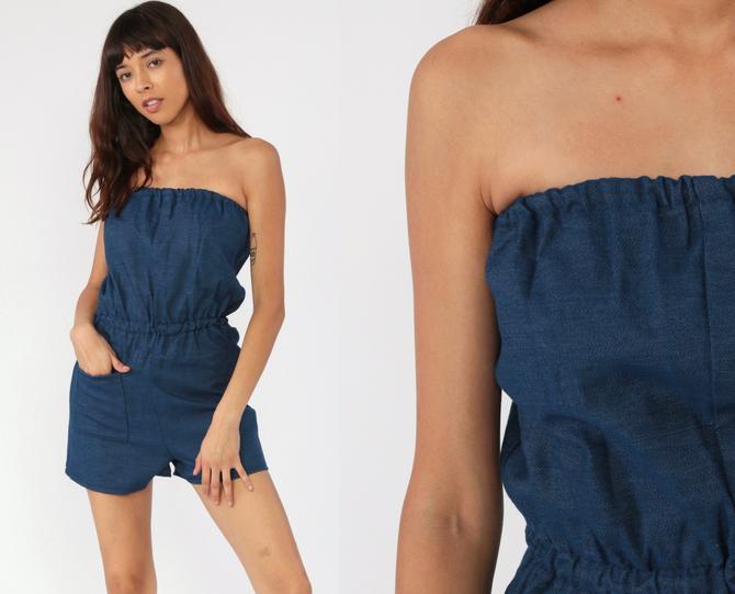 Vintage 70s 80s strapless romper size medium shops 1970s 1980s blue jumpsuit