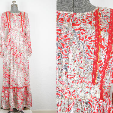 1970's Red Boho Maxi Dress / Size Medium 