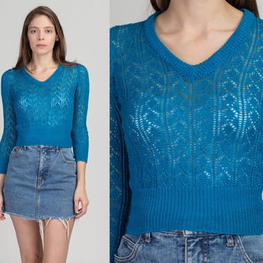 70s Blue Crop Top Sweater - Extra Small | Vintage Brenda Lim Sheer Knit Pullover Jumper 