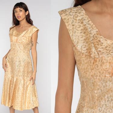 60s Lace Dress Gold Cocktail Midi 1960s Party Formal Peach Shift Vintage Empire Waist Flounce Mad Men Sleeveless Evening Dress Medium Large 