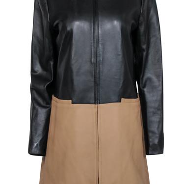 Neiman Marcus - Black &amp; Beige Zip-Up Longline Leather Jacket Sz L