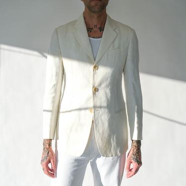 Vintage 90s Giorgio Armani Ivory Linen Three Button Blazer | Made in Portugal | Size 38 USA 48 EURO | 1990s Armani Designer Mens Jacket 