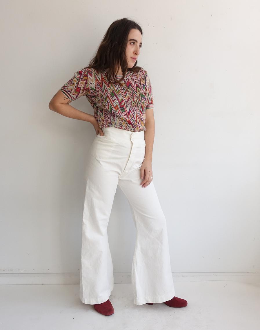 Vintage Cotton Sailor Trousers/ High Waisted Button Fly Wide