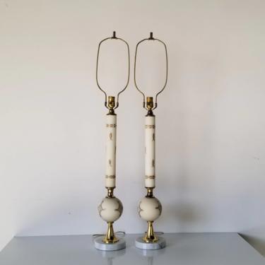1950s Tall Italian Hollywood Regency Frosted Glass & Marble Base Table Lamps - a Pair 