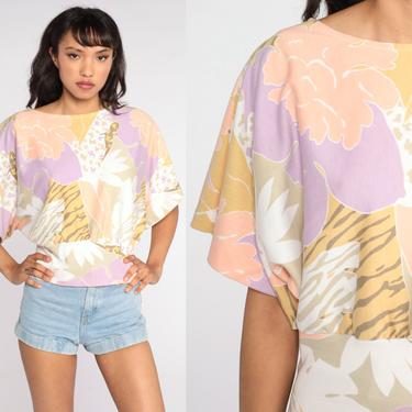 Tropical Blouse 80s Tiger Print Floral Shirt DOLMAN Sleeve Top Slouch Batwing Blouse Animal Jungle Floral 1980s Boho Top Slouchy Small S 