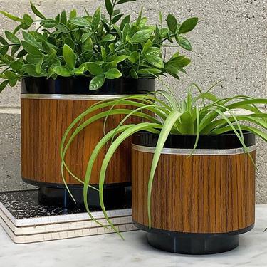 Vintage Planter Set Retro 1970s Mid Century Modern + Bolta + West Germany + Set of 2 + Black Plastic + Woodgrain Print + Cylinder + Decor 