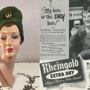 Miss Rheingold is Dry Indeed - Vintage WW2 1940s Avocado Green Silk Velvet Turban w/Gold Loop - Museum Quality 