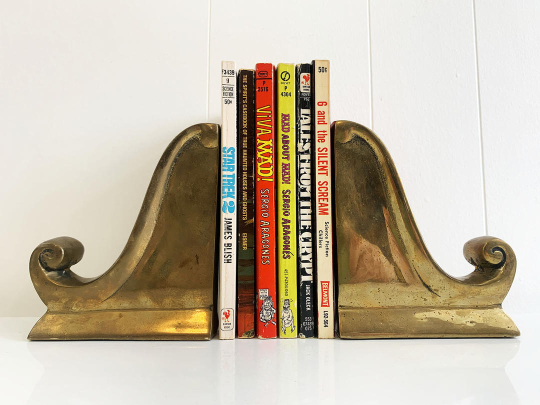 Vintage Solid Brass Scroll Bookends Deco Metal MidCentury Hollywood