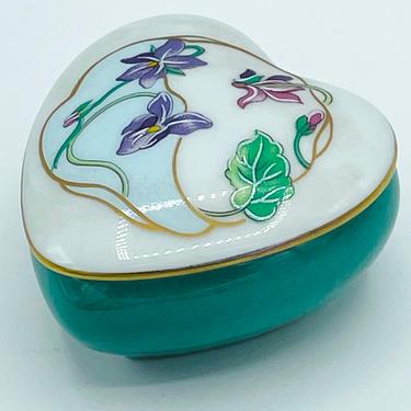Vintage Limoges France CASTLE Heart Shaped Trinket Box- Purple Iris Flowers Teal Bottom 