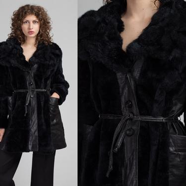 70s Leather Faux Fur Trim Trench Coat - Large | Vintage Belted Black Button Up Jacket 