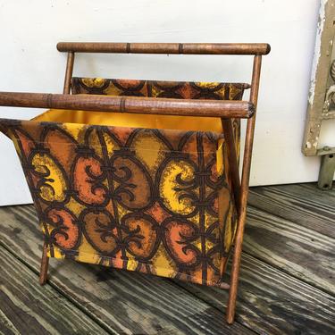 Folding Knitting Basket, Mid Century Mod Wood Frame, Fabric Lined, Orange Yellow Brown 