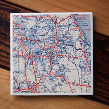 1953 Orlando Florida Vintage Map Coaster. Orlando Map. Florida Coasters. History Florida Décor. Florida Barware. Florida Gift. Orlando FL. 
