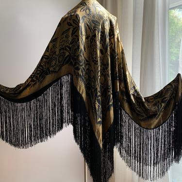 1920'S Silk Lame' SHAWL with Fringe - Lame' Piano Shawl - All Silk  - Gold Lame' Woven Floral Pattern with Butterfies - Large 94 Inch Square 