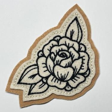 Handmade / hand embroidered tan & off white felt patch - small black lines rose - vintage style - traditional tattoo flash 