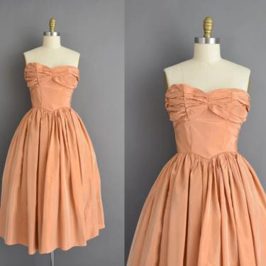 vintage 1950s dress | Gorgeous Apricot Strapless Cocktail Party Prom Dress | Medium | 50s vintage dress 