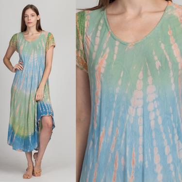 90s Tie Dye Hippie High-Low Hem Sundress - One Size | Vintage Boho Cotton Midi Maxi Festival Dress 