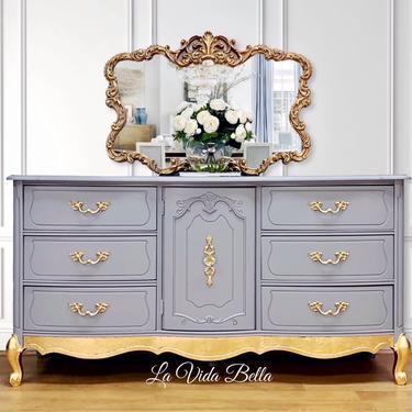 Fabulous French Provincial Console, Vintage, Gray, Gold Leaf, Buffet, Sideboard, Entryway Piece, Dresser. 