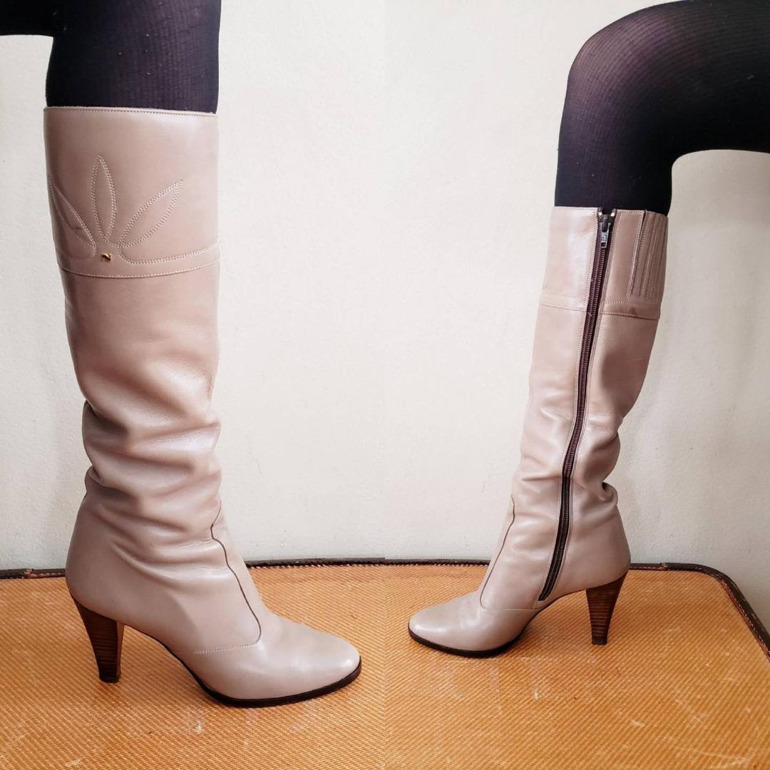 Vintage leather light beige strap boots ♡