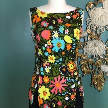 1960s tank top, sleeveless shirt, vintage top, mod floral, bright flower print, sportempos, small. retro, summer top, 32 34 bust, black 