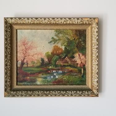 1943  English Cottage and Landscape Oil Painting by B. Zidek. Framed. 