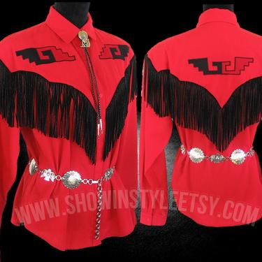 Western Collection Vintage Retro Women's Cowgirl Shirt, True Red with Black Fringe & Embroidery, Tag Size Large (see meas. photo) 