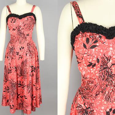 1940s Tropical Dress · Vintage 40s 50s Cotton Foliage Silhouette Print Dress · Small / Medium 