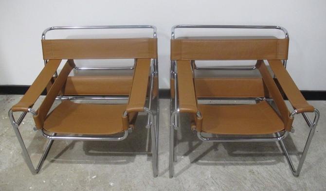 Pair Of Brown Leather Chrome Wassily Chairs Marcel Breuer Mid