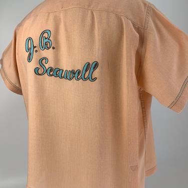 1950's Bowling Shirt - 2-Tone Blue & Peach Rayon | Gabriela's