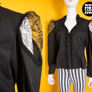 Unique Vintage 70s 80s Black Gothic Cotton Victorian Style Blouse Shirt with Peekaboo Lace Shoulders 