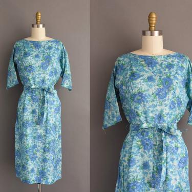 1950s vintage dress | Blue Floral Print Cocktail Party Pencil Skirt Dress | Small | 50s dress 