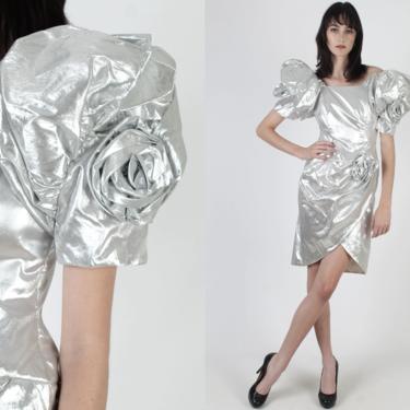 Vintage 80s Silver Metallic Dress / Avant Garde Cocktail Dress / Bold Puff Sleeve Rosette Tulip Skirt / Cocktail Prom Party Mini Dress 