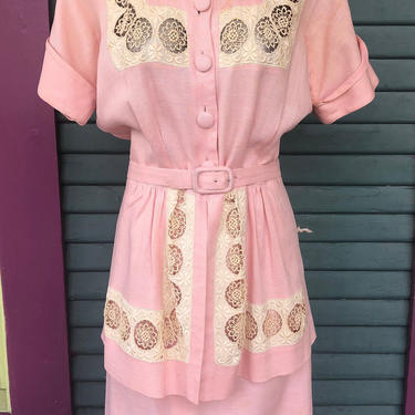 Vintage 40s Pink/Wh Skirt Suit RARE Stunning 