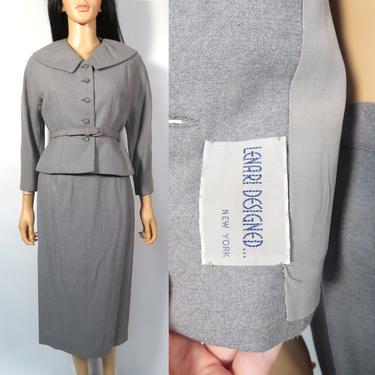 Vintage 40s Gray Wool Nipped Waist Tailored Suit Two Piece Skirt Set Size S 