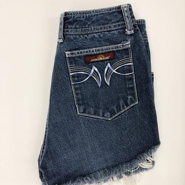 70s medium wash Jordache denim hot pant cutoffs with blue pocket embroidery 