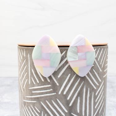 Vintage 1980s Large Pastel Shell Earrings - Mosaic Mother of Pearl Statement Earrings 