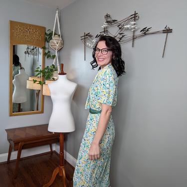 Vintage 1980's Blue, Yellow and Green Floral Pussybow Dress California Girl by Petrina Aberle 