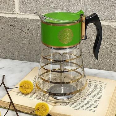 Vintage Coffee Carafe Retro 1960s Mid Century Modern + David Douglass + 8 Cup Flameware + Percolator + Glass + Gold Strip + Green Trim 