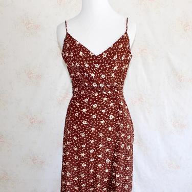 Vintage 90s Floral Slip Dress, 1990s Flower Print Maxi Dress, Spaghetti Strap Dress, Romantic, Cottagecore, Brown, Rayon 