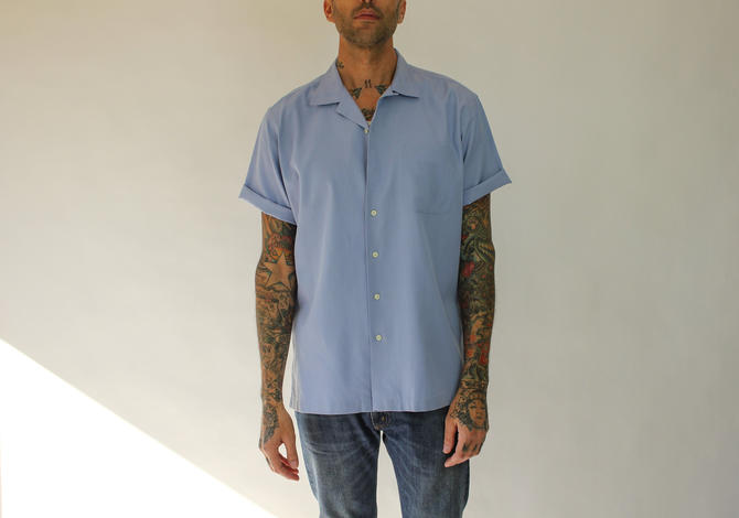 Vintage 90s POLO Ralph Lauren Caldwell Washed Indigo Blue Loop Collar Linen Blend Shirt | Linen/Cotton Blend | 1990s RRL Designer online Mens Shirt