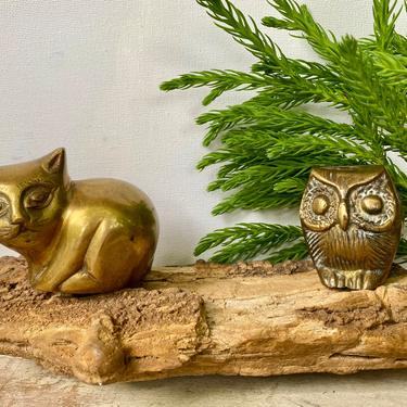 Vintage Small Brass Owl, Small Brass Cat, Owl And The Pussycat, Small Brass Animals Set Of 2 