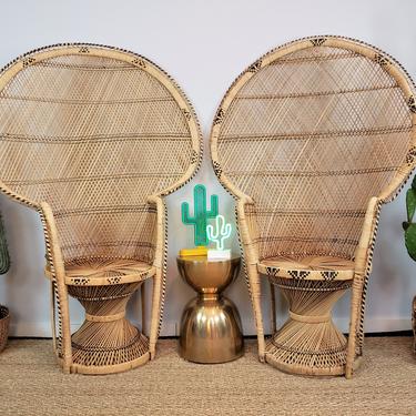 Vintage Wicker Peacock Chairs Set of 2 (Shipping Extra) | Matching Pair of Boho Rattan Fan-Back Thrones | Mcm Bohemian Buri Wedding Seating 