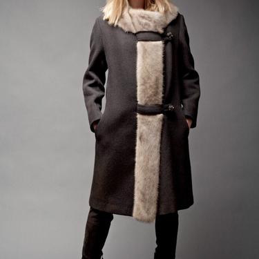 Fur Trim Coat Vintage 50s Wool Silver Mink Fur Trimmed Rhinestone Buttons Gray L large (44&quot; Bust) 