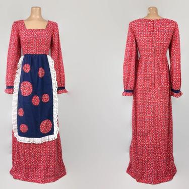 VINTAGE 70s Folklore Novelty Print Cottagecore Maxi Dress | 1970s Prairie Festival Dress | 1970s Apron BOHO Dress | Long Sleeve Americana 