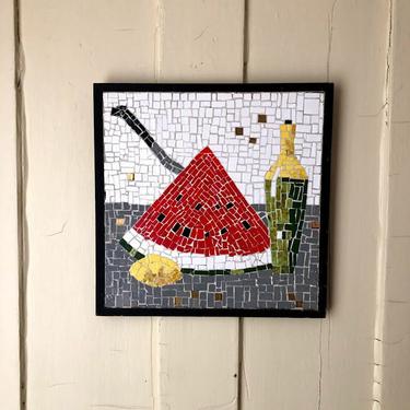 Vintage Mid Century Handmade Mosaic Framed Tile Art Fruit Wine Still Life 