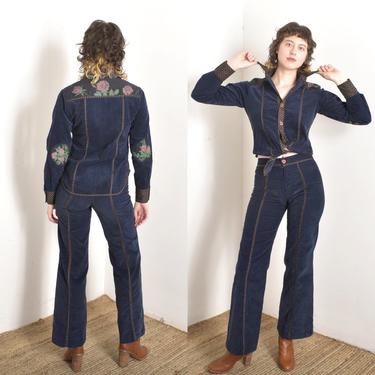 Vintage 1970s Set / 70s Rose Corduroy Pants and Top Set / Blue Pink ( small S ) 