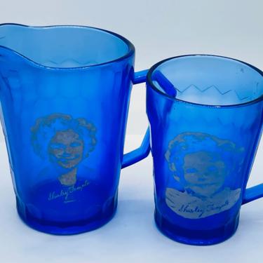 Vintage 2 PC   Shirley Temple cobalt blue honey comb pattern Pitcher and Child Mug- Hazel Atlas 