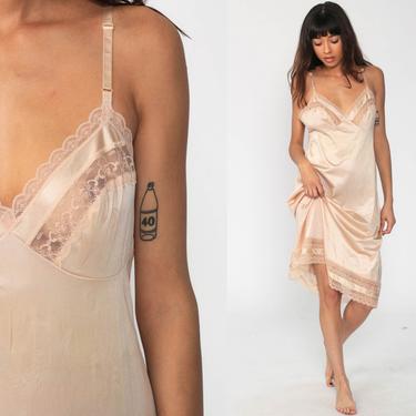 Beige Slip Lingerie Slip Dress 80s Midi Full Slip Lingerie Vintage Boho 70s Spaghetti Strap Nude Slip Large 40 